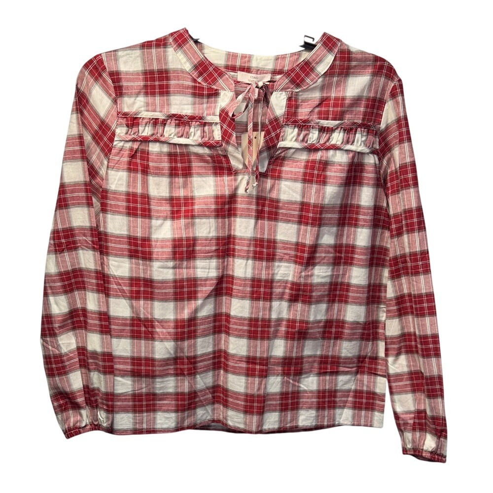 Como Vintage Red White Plaid Ruffle Tie Neck Long Sleeve Blouse Women's Large‎